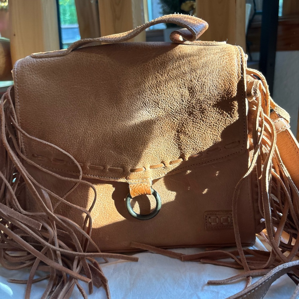 Bed Stu Tan Fringed Suede Crossbody Bag with Ring Accent